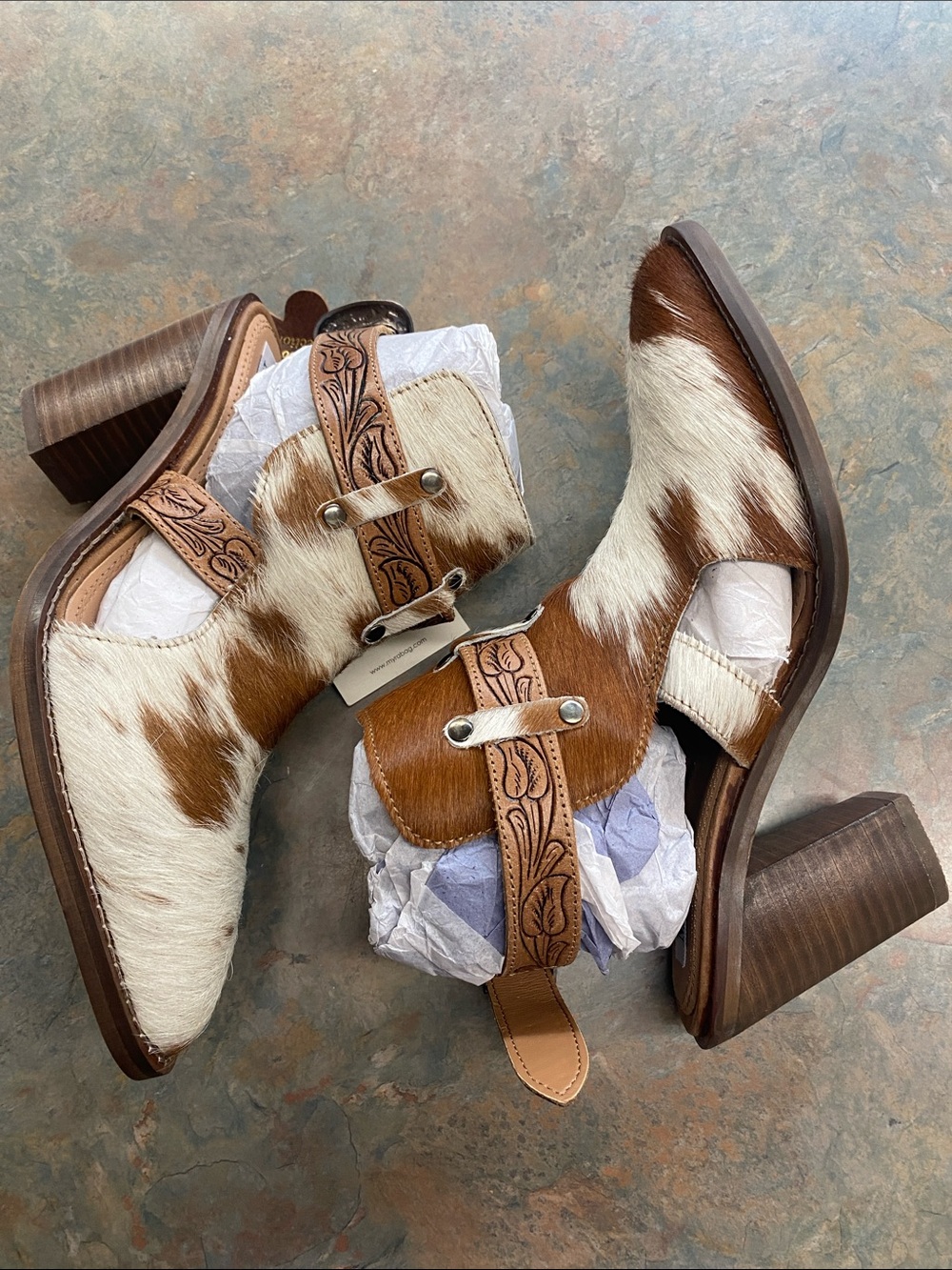 Myra Bag Brown & White Cowhide Cutout Heeled Ankle Boots for Men - Picture 7 of 14